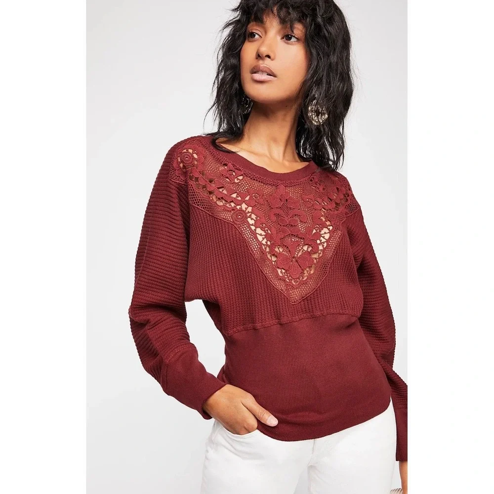 Free People FP One Raven Burgundy Thermal Waffle Knit Crochet Lace Top XS Boho